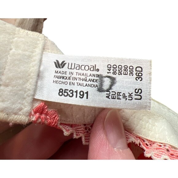Wacoal Sexy Tee Shirt Bra Lined Underwire 36D Lace Bra Ivory & Coral - Picture 4 of 4